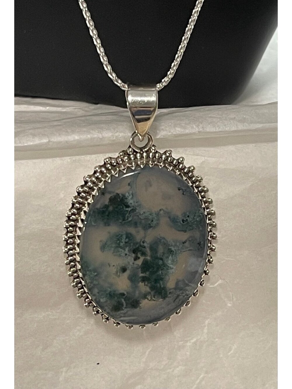 Moss Agate Sterling Silver Pendant Necklace 17"
